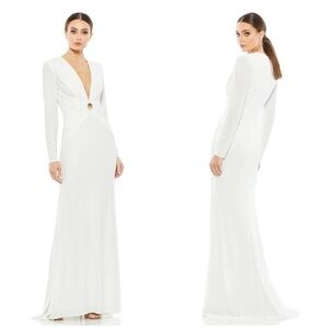 IEENA FOR MAC DUGGAL Gathered Pearl Long Sleeve Keyhole Gown